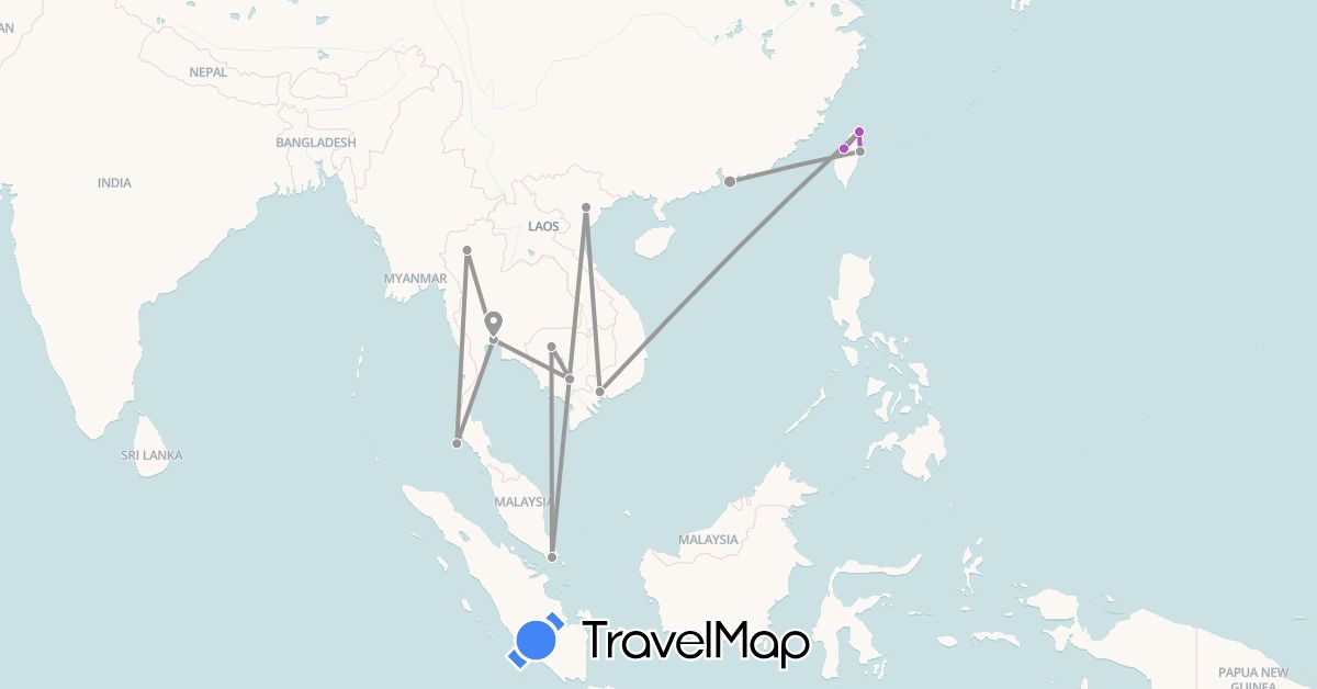 TravelMap itinerary: driving, plane, train in Hong Kong, Cambodia, Singapore, Thailand, Taiwan, Vietnam (Asia)